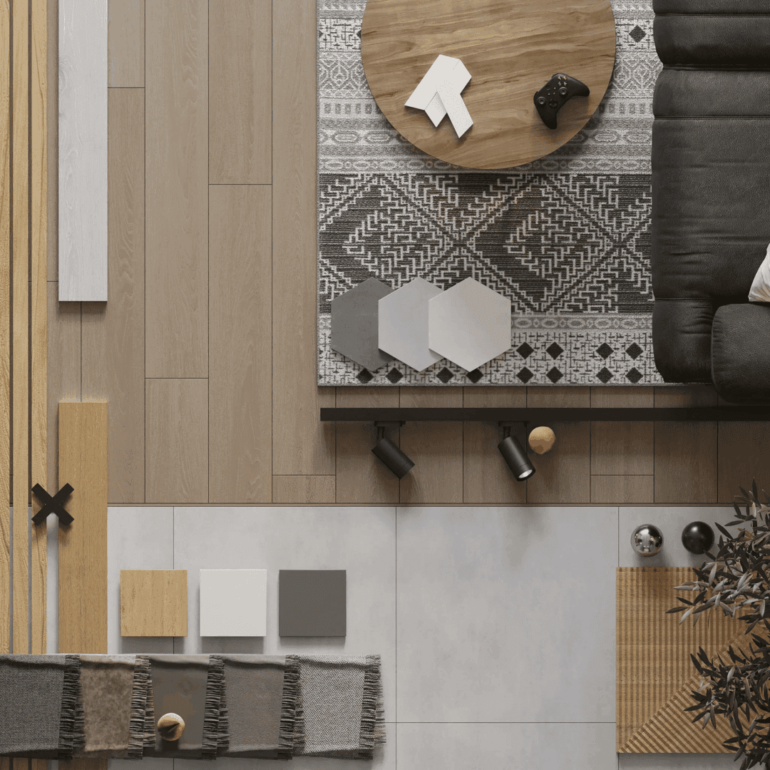 Cozy living room with geometric decor.