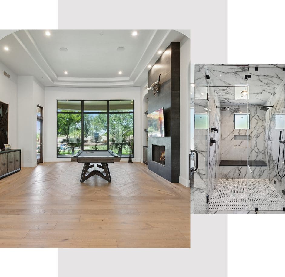 Modern living room and marble shower design.