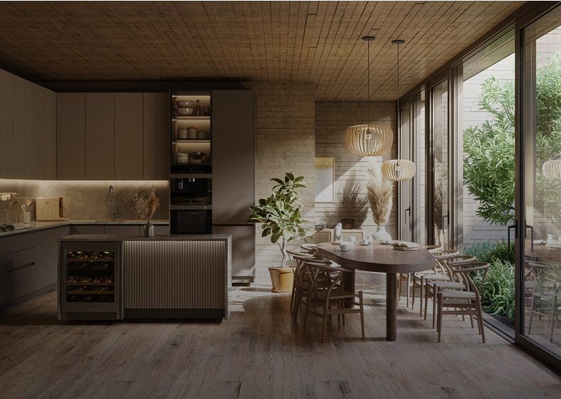 Modern kitchen and dining area with plants.