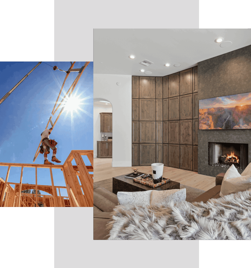 Construction worker and modern living room interior.